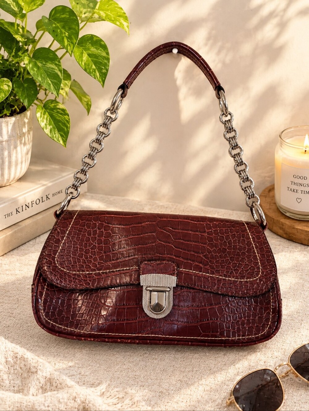 Y2k Croc-Embossed Shoulder Bag in Deep Wine with Silver Chain